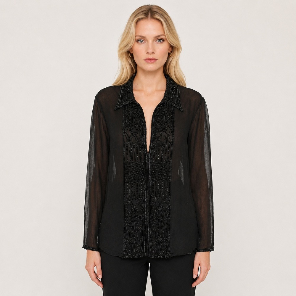 Emma Black Silk Beaded Blouse Sheer Beaded Fairygoth Evening Embelished‎ Size 10